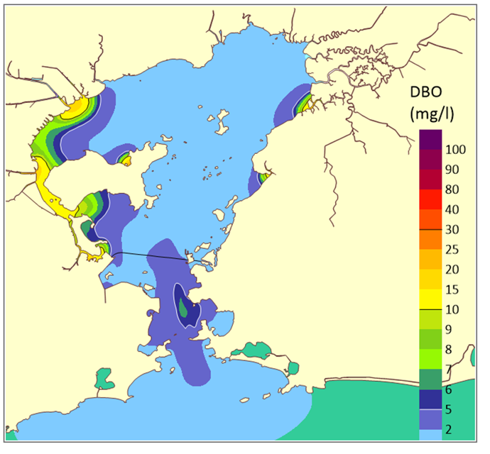 Mapa de modelagem de concentração de DBO na Baía de Guanabara